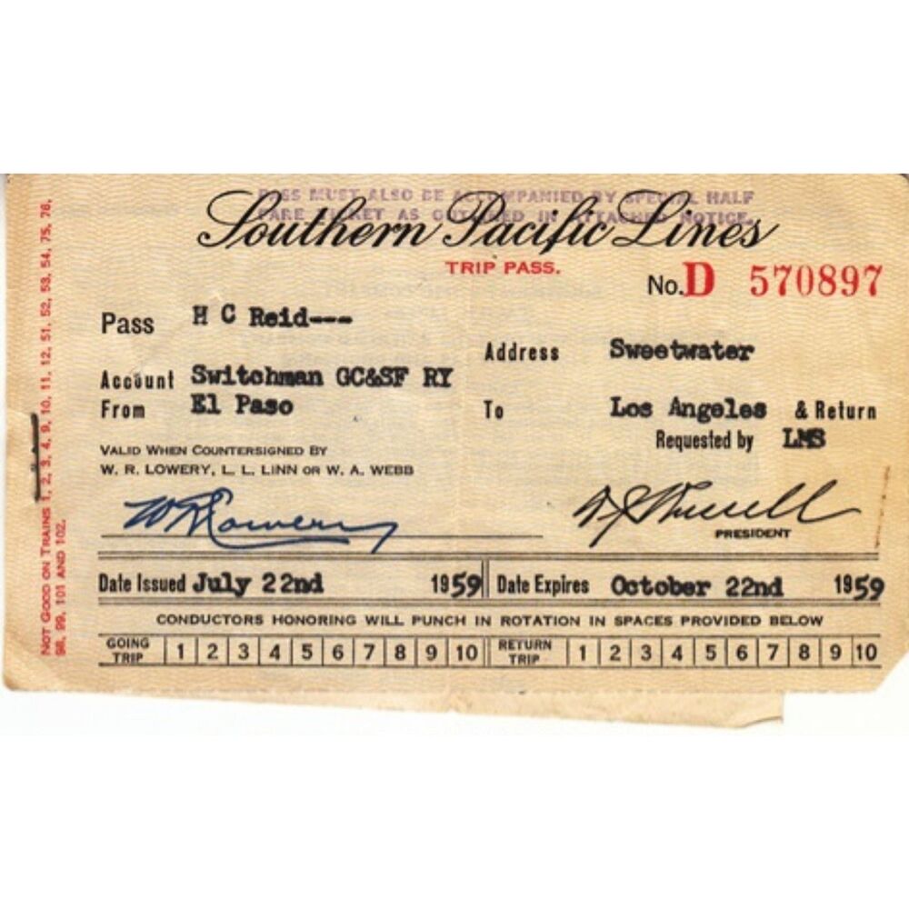Original Southern Pacific Company Railway Pass 1959 Issued to Switchman Travel